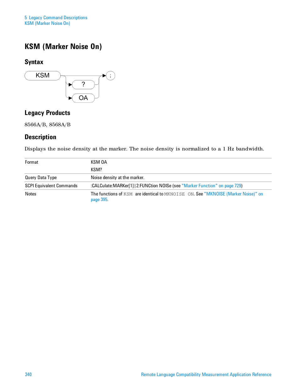 Ksm (marker noise on), Syntax, Legacy products | Description, Syntax legacy products | Agilent Technologies Signal Analyzer N9030a User Manual | Page 340 / 1466