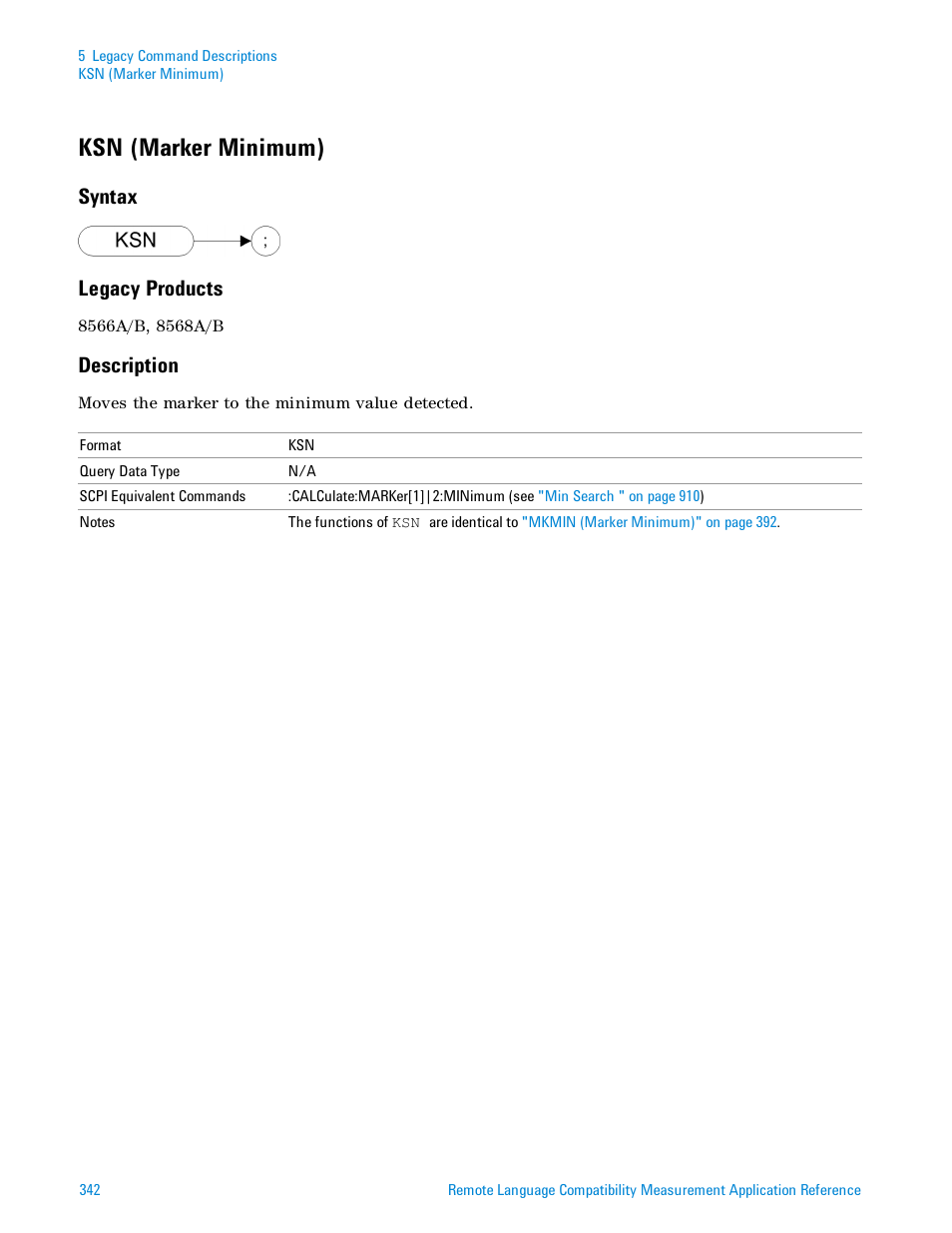 Ksn (marker minimum), Syntax, Legacy products | Description, Syntax legacy products | Agilent Technologies Signal Analyzer N9030a User Manual | Page 342 / 1466