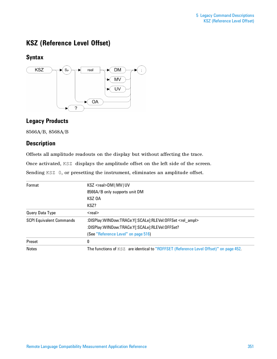 Ksz (reference level offset), Syntax, Legacy products | Description, Syntax legacy products | Agilent Technologies Signal Analyzer N9030a User Manual | Page 351 / 1466
