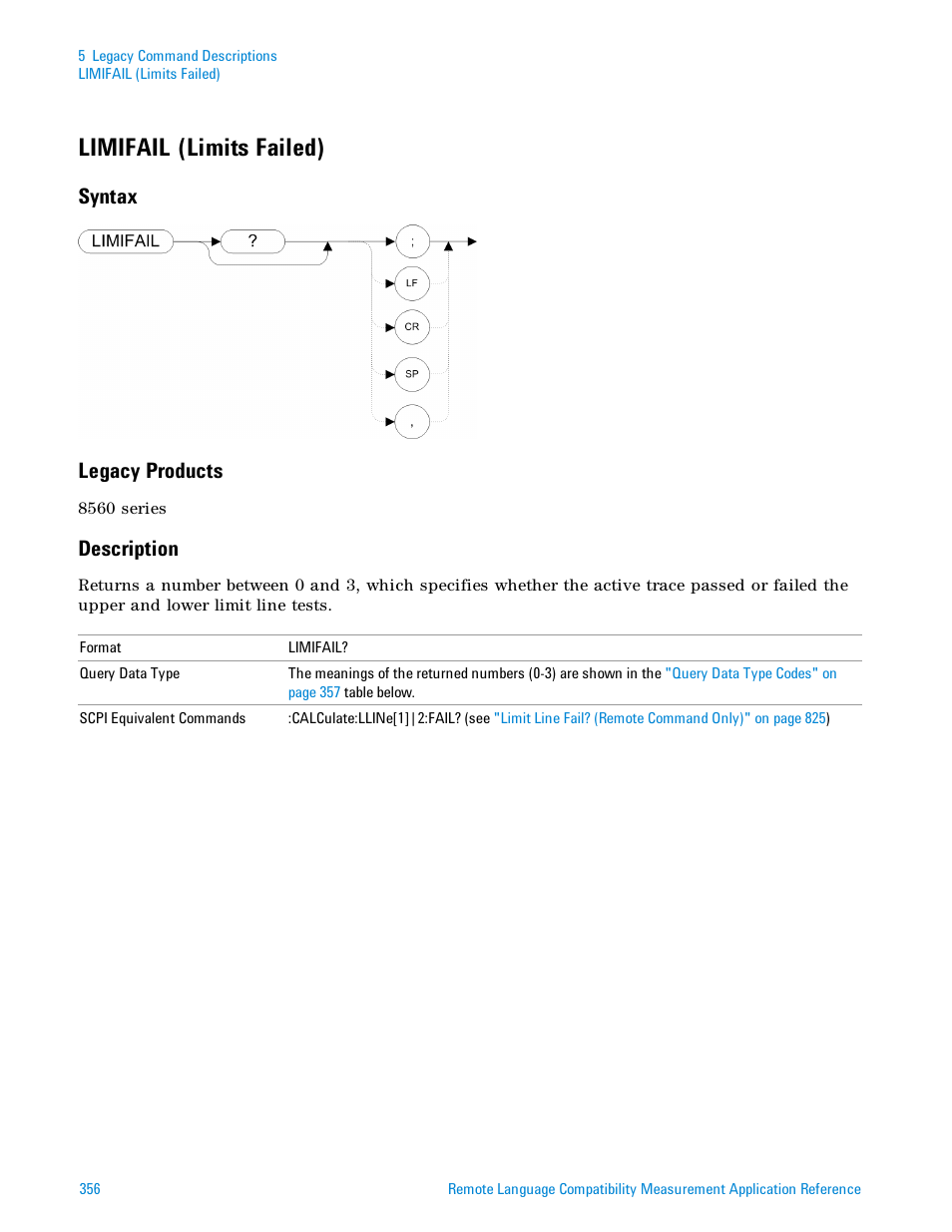 Limifail (limits failed), Syntax, Legacy products | Description, Syntax legacy products | Agilent Technologies Signal Analyzer N9030a User Manual | Page 356 / 1466