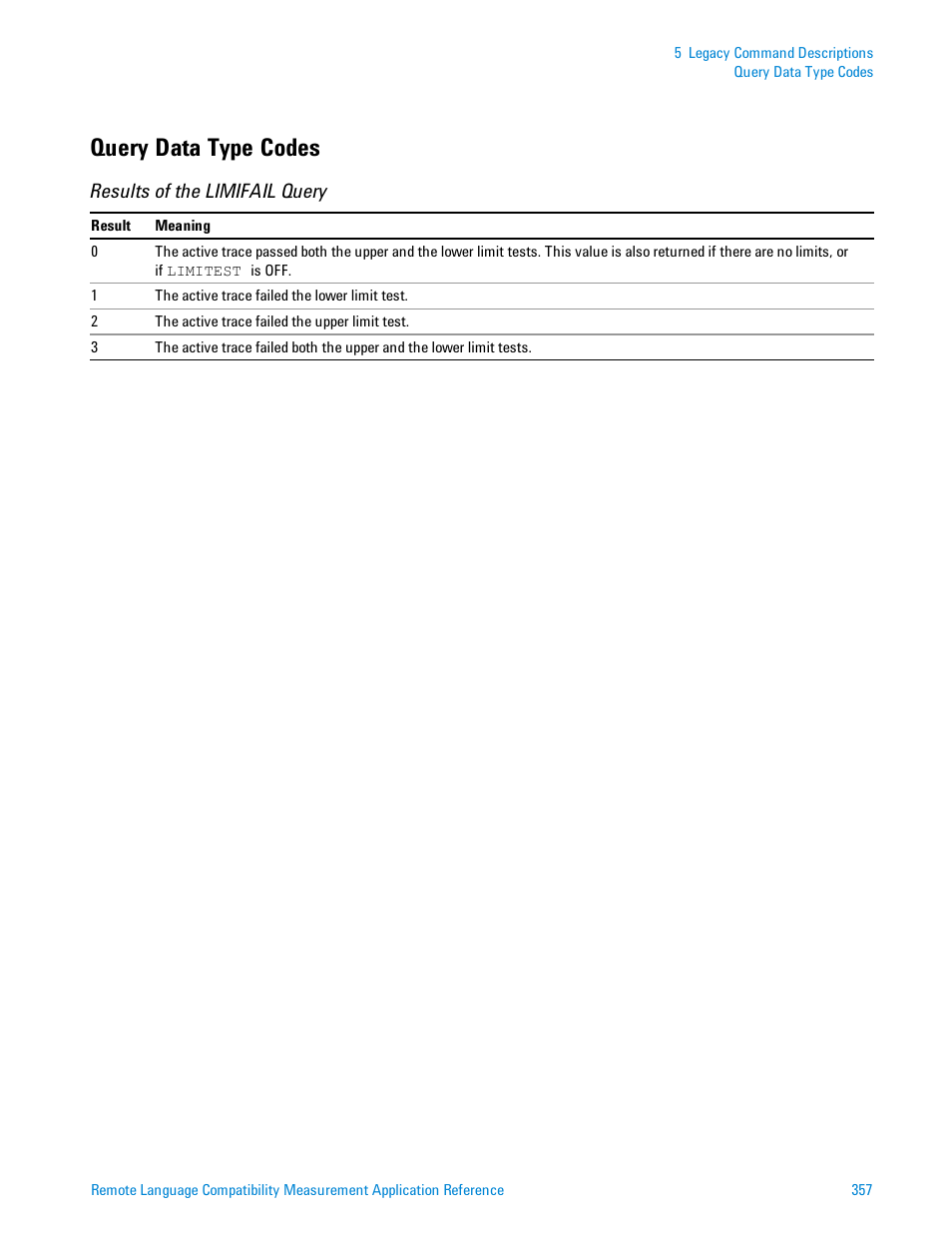 Query data type codes, Query data type codes" on, Results of the limifail query | Agilent Technologies Signal Analyzer N9030a User Manual | Page 357 / 1466