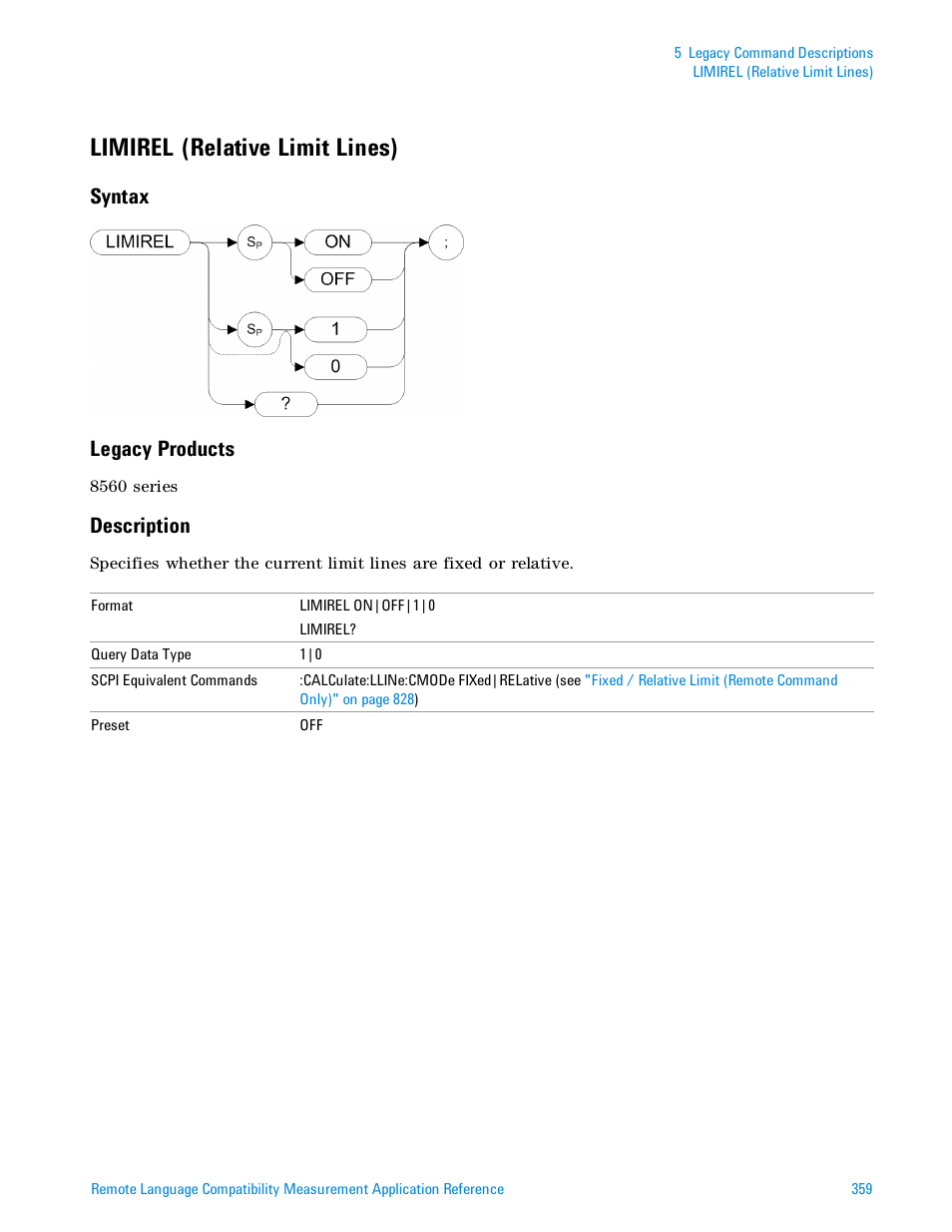 Limirel (relative limit lines), Syntax, Legacy products | Description, Syntax legacy products | Agilent Technologies Signal Analyzer N9030a User Manual | Page 359 / 1466