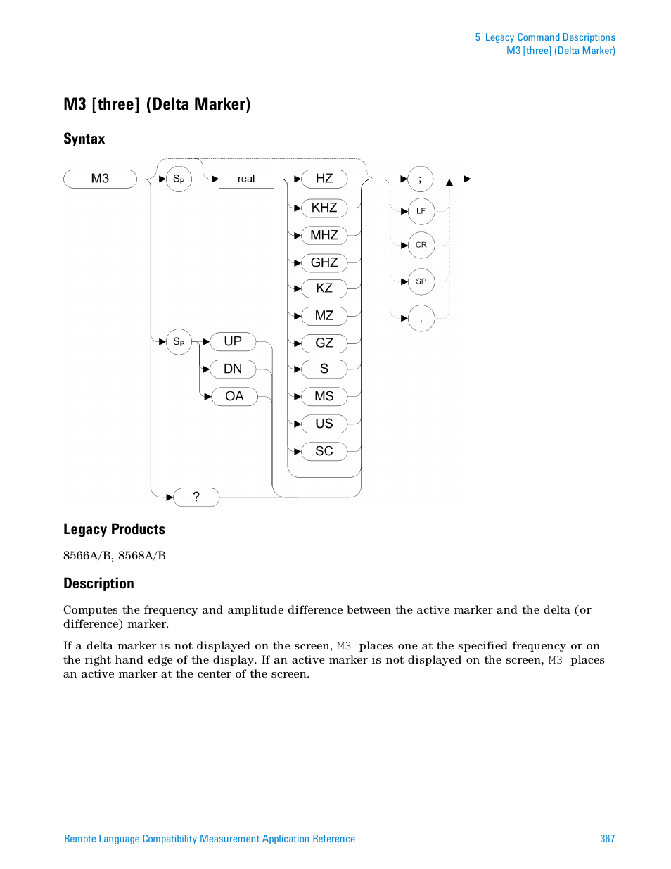 M3 [three] (delta marker), Syntax, Legacy products | Description | Agilent Technologies Signal Analyzer N9030a User Manual | Page 367 / 1466