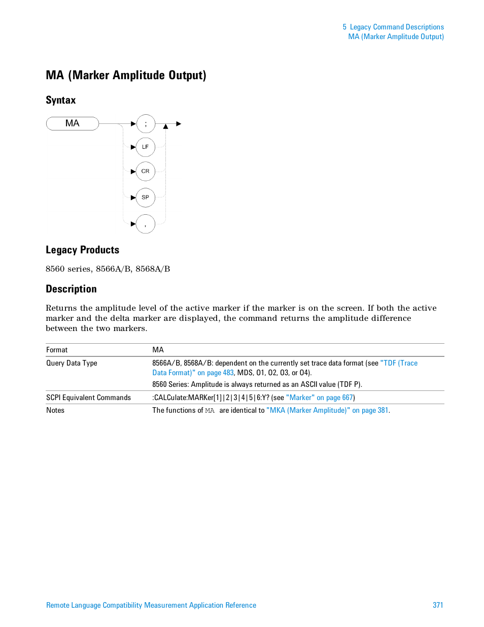 Ma (marker amplitude output), Syntax, Legacy products | Description, Syntax legacy products | Agilent Technologies Signal Analyzer N9030a User Manual | Page 371 / 1466