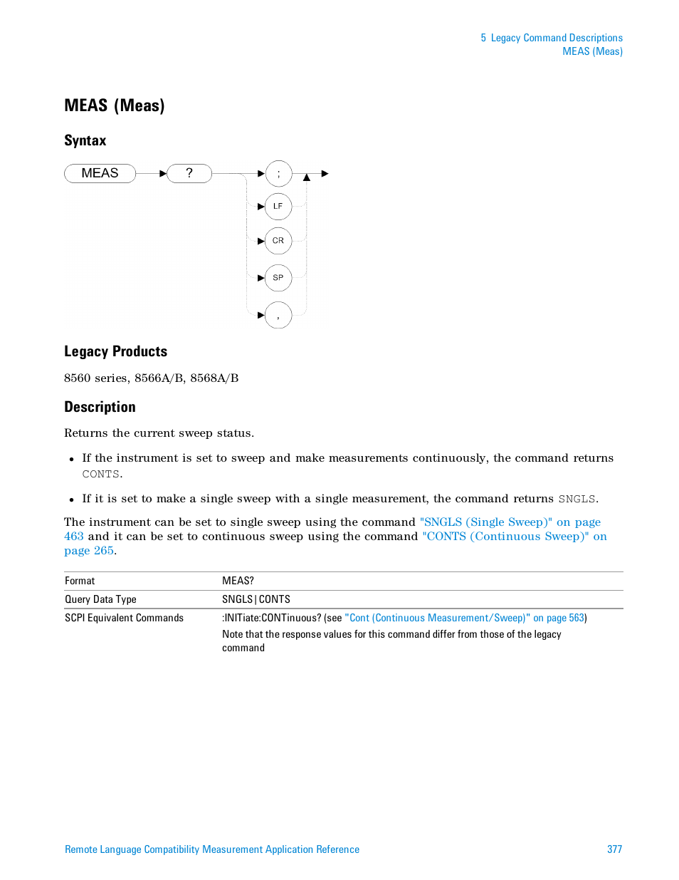 Meas (meas), Syntax, Legacy products | Description, Syntax legacy products | Agilent Technologies Signal Analyzer N9030a User Manual | Page 377 / 1466