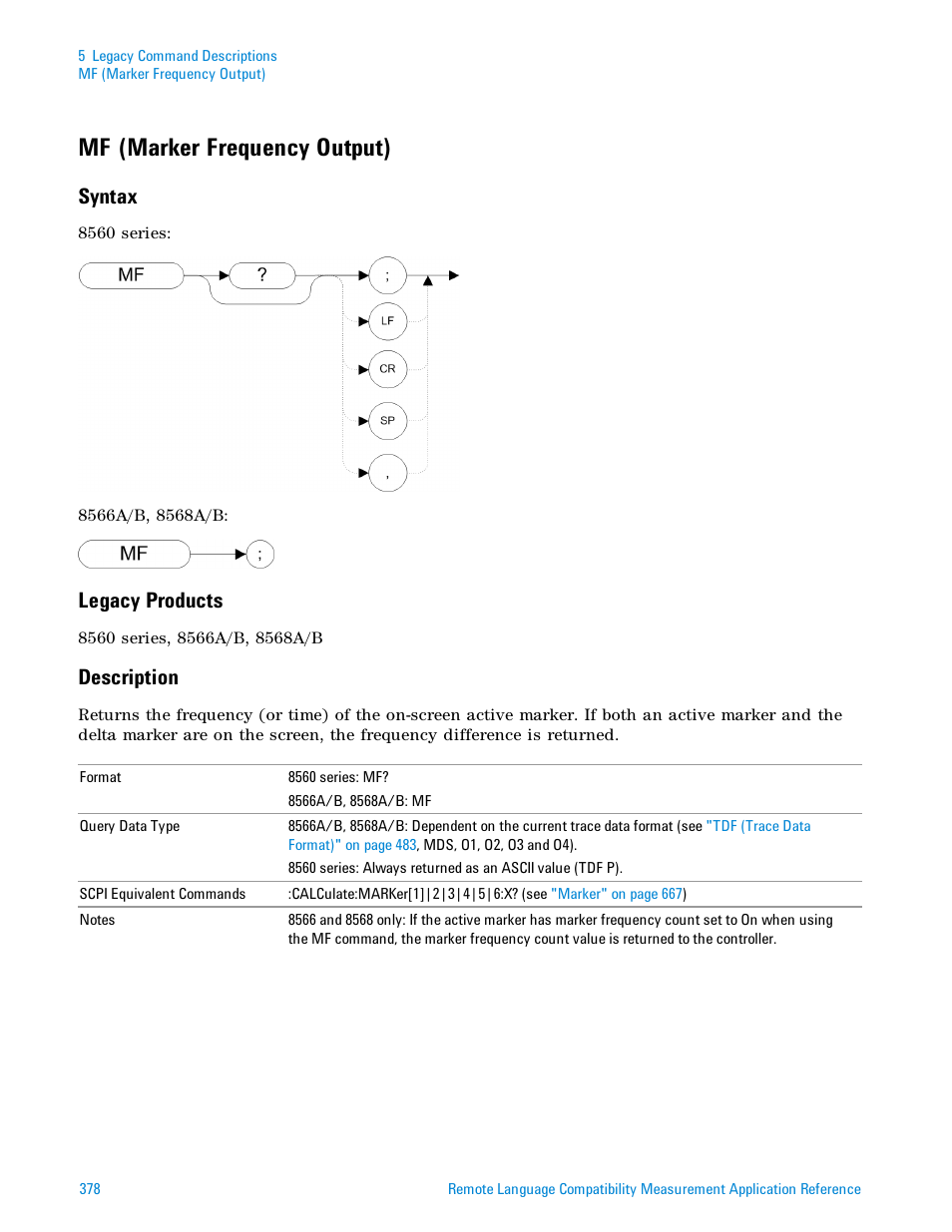 Mf (marker frequency output), Syntax, Legacy products | Description | Agilent Technologies Signal Analyzer N9030a User Manual | Page 378 / 1466