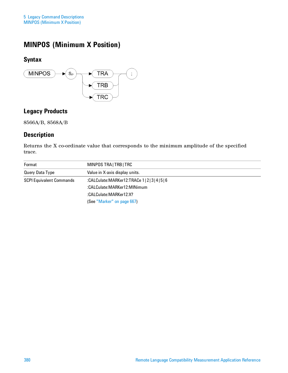 Minpos (minimum x position), Syntax, Legacy products | Description, Syntax legacy products | Agilent Technologies Signal Analyzer N9030a User Manual | Page 380 / 1466