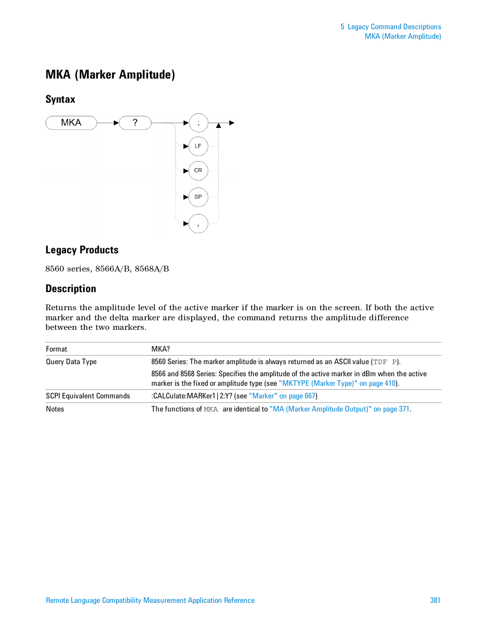 Mka (marker amplitude), Syntax, Legacy products | Description, Syntax legacy products | Agilent Technologies Signal Analyzer N9030a User Manual | Page 381 / 1466