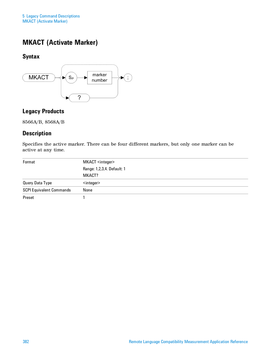 Mkact (activate marker), Syntax, Legacy products | Description, Syntax legacy products | Agilent Technologies Signal Analyzer N9030a User Manual | Page 382 / 1466