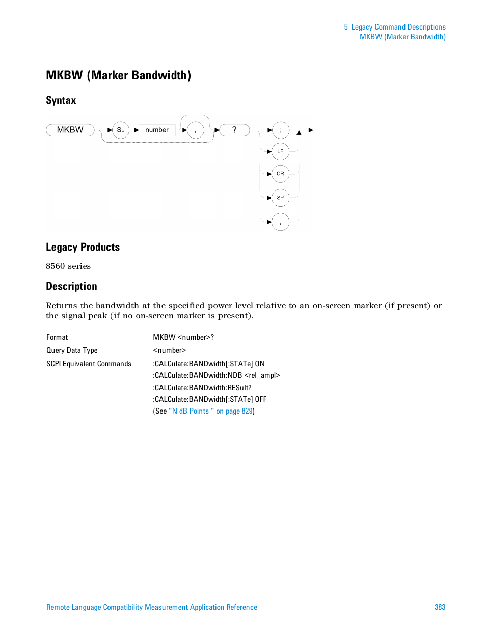 Mkbw (marker bandwidth), Syntax, Legacy products | Description, Syntax legacy products | Agilent Technologies Signal Analyzer N9030a User Manual | Page 383 / 1466