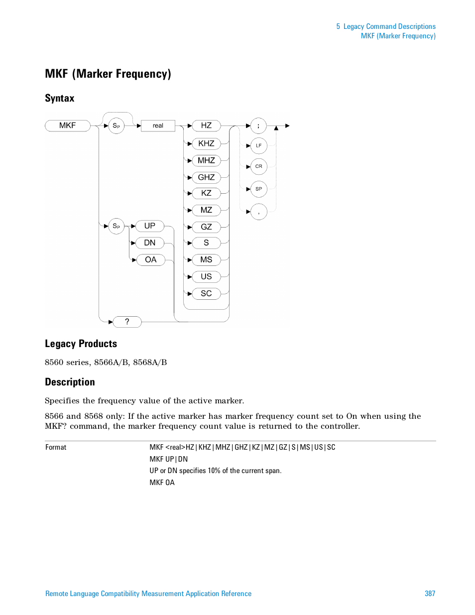 Mkf (marker frequency), Syntax, Legacy products | Description, Syntax legacy products | Agilent Technologies Signal Analyzer N9030a User Manual | Page 387 / 1466