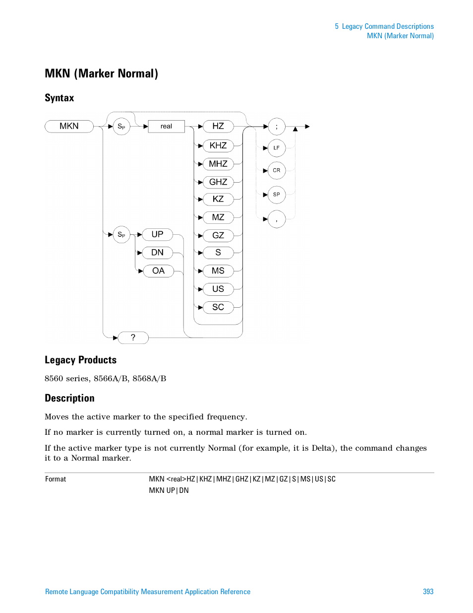 Mkn (marker normal), Syntax, Legacy products | Description, Syntax legacy products | Agilent Technologies Signal Analyzer N9030a User Manual | Page 393 / 1466