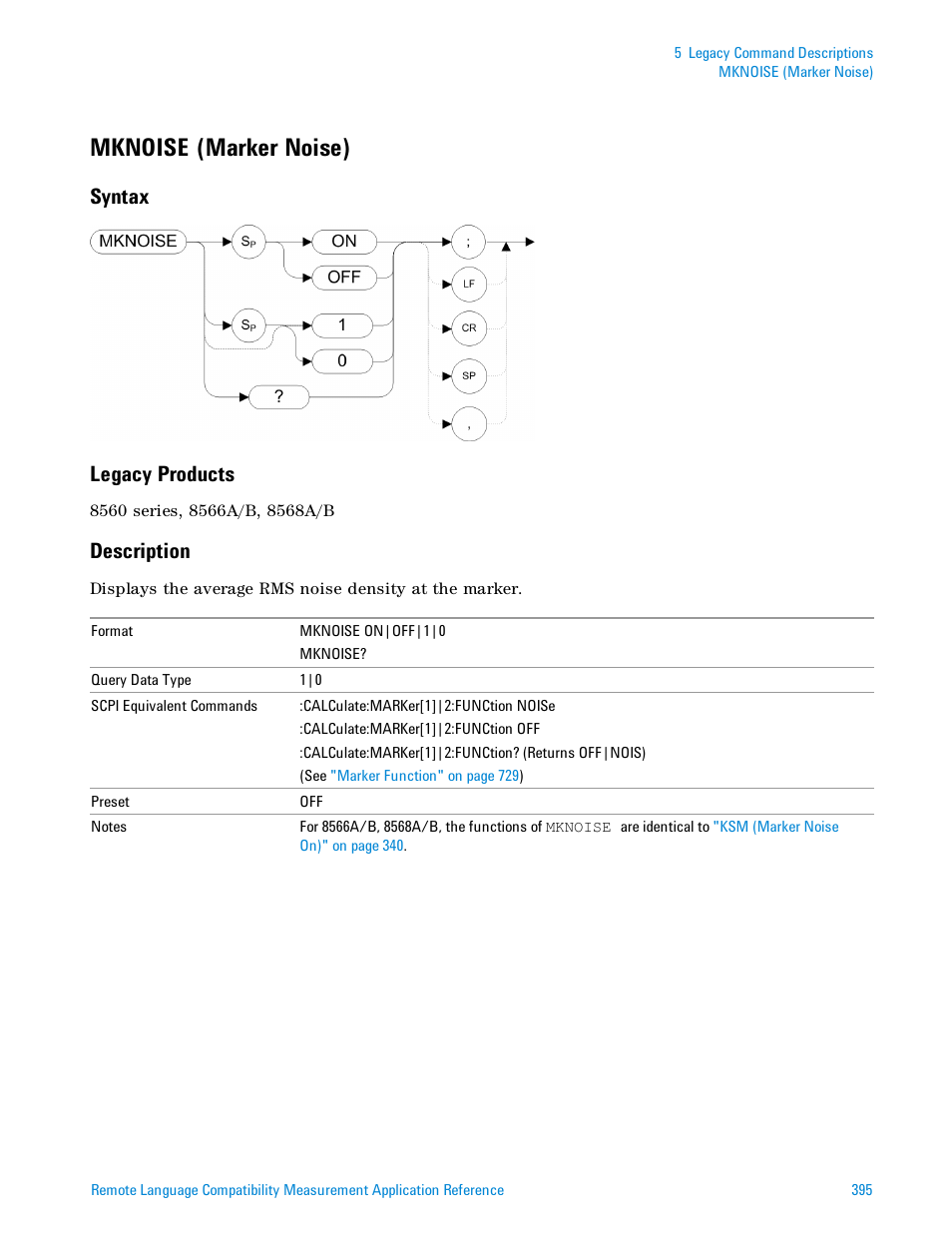 Mknoise (marker noise), Syntax, Legacy products | Description, Mknoise (marker noise)" on, Syntax legacy products | Agilent Technologies Signal Analyzer N9030a User Manual | Page 395 / 1466