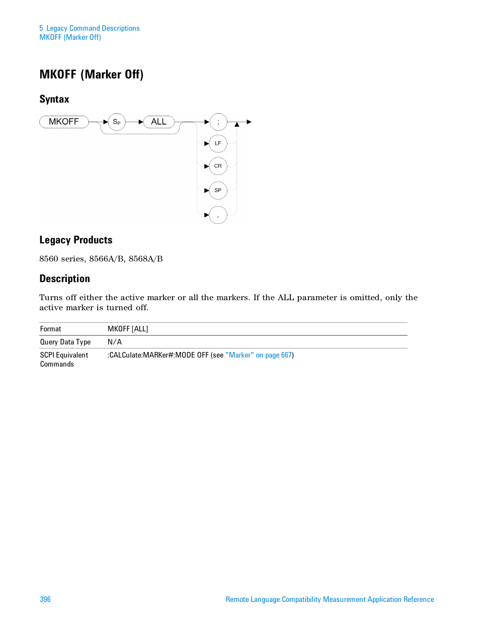 Mkoff (marker off), Syntax, Legacy products | Description, Syntax legacy products | Agilent Technologies Signal Analyzer N9030a User Manual | Page 396 / 1466