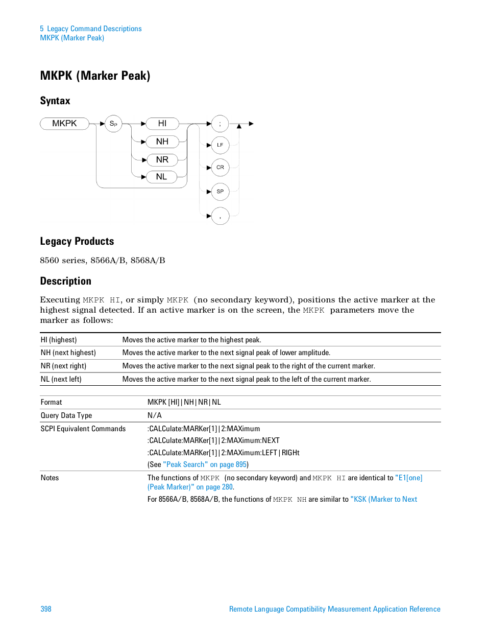 Mkpk (marker peak), Syntax, Legacy products | Description, Mkpk (marker peak)" on, Syntax legacy products | Agilent Technologies Signal Analyzer N9030a User Manual | Page 398 / 1466