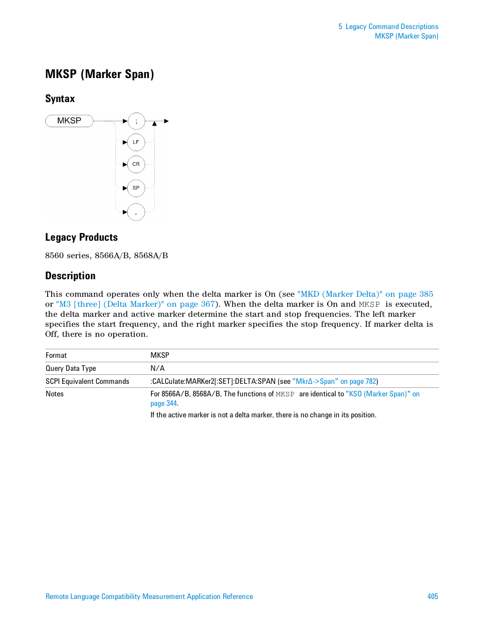 Mksp (marker span), Syntax, Legacy products | Description, Syntax legacy products | Agilent Technologies Signal Analyzer N9030a User Manual | Page 405 / 1466