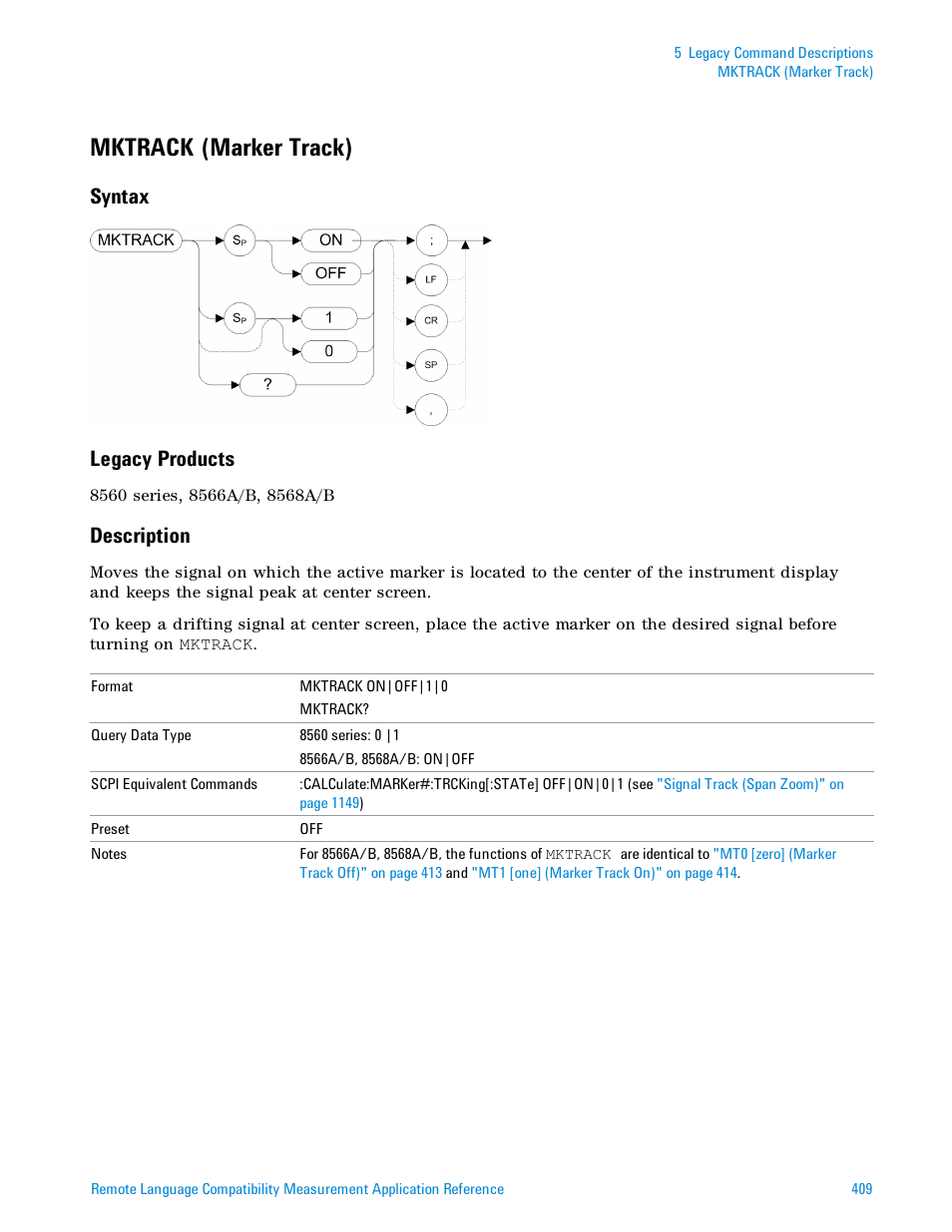 Mktrack (marker track), Syntax, Legacy products | Description, Syntax legacy products | Agilent Technologies Signal Analyzer N9030a User Manual | Page 409 / 1466