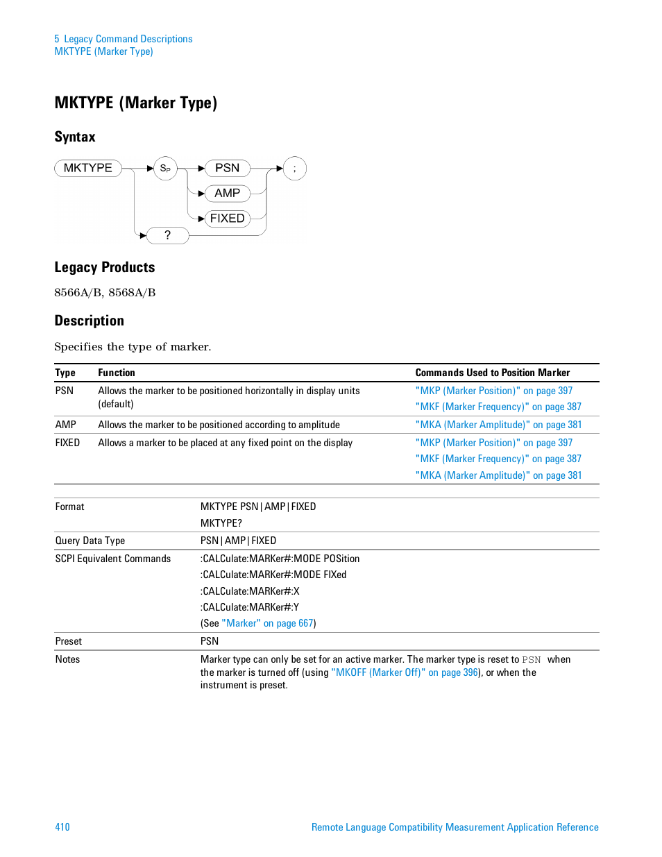 Mktype (marker type), Syntax, Legacy products | Description, Syntax legacy products | Agilent Technologies Signal Analyzer N9030a User Manual | Page 410 / 1466