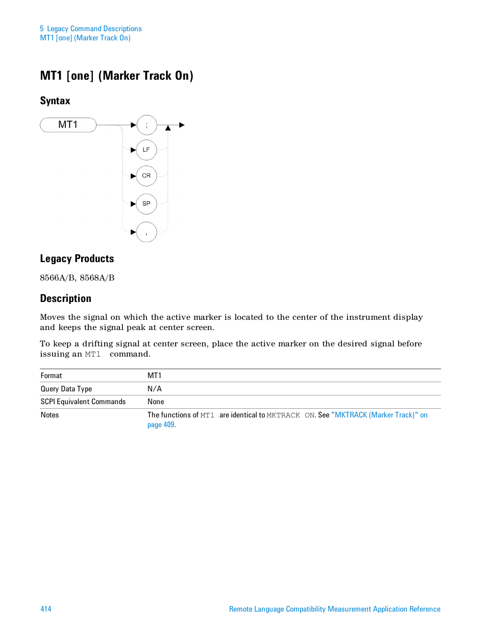 Mt1 [one] (marker track on), Syntax, Legacy products | Description, Syntax legacy products | Agilent Technologies Signal Analyzer N9030a User Manual | Page 414 / 1466