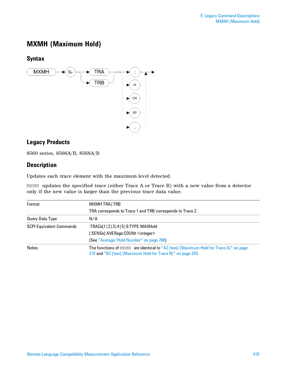 Mxmh (maximum hold), Syntax, Legacy products | Description, Syntax legacy products | Agilent Technologies Signal Analyzer N9030a User Manual | Page 415 / 1466