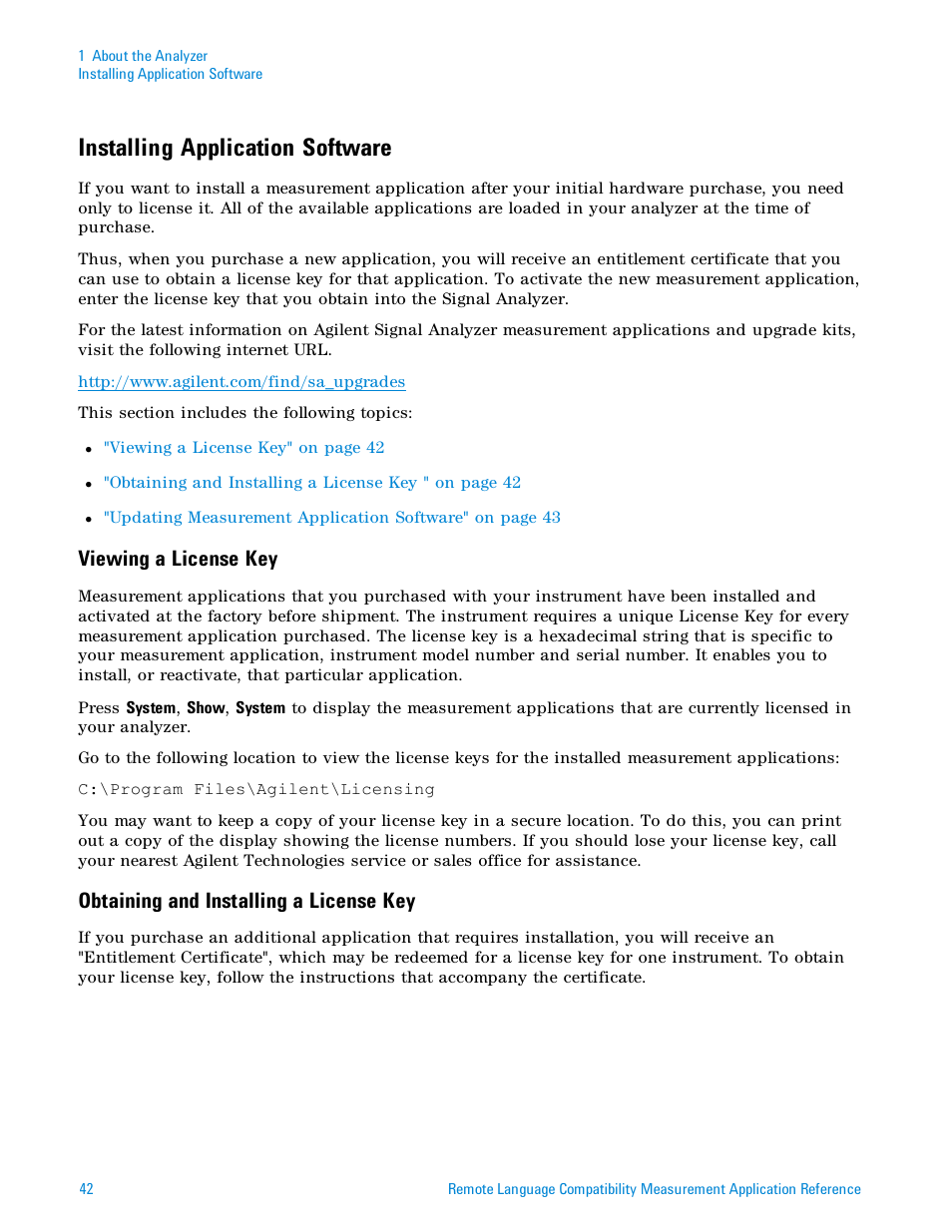 Installing application software, Viewing a license key, Obtaining and installing a license key | Agilent Technologies Signal Analyzer N9030a User Manual | Page 42 / 1466