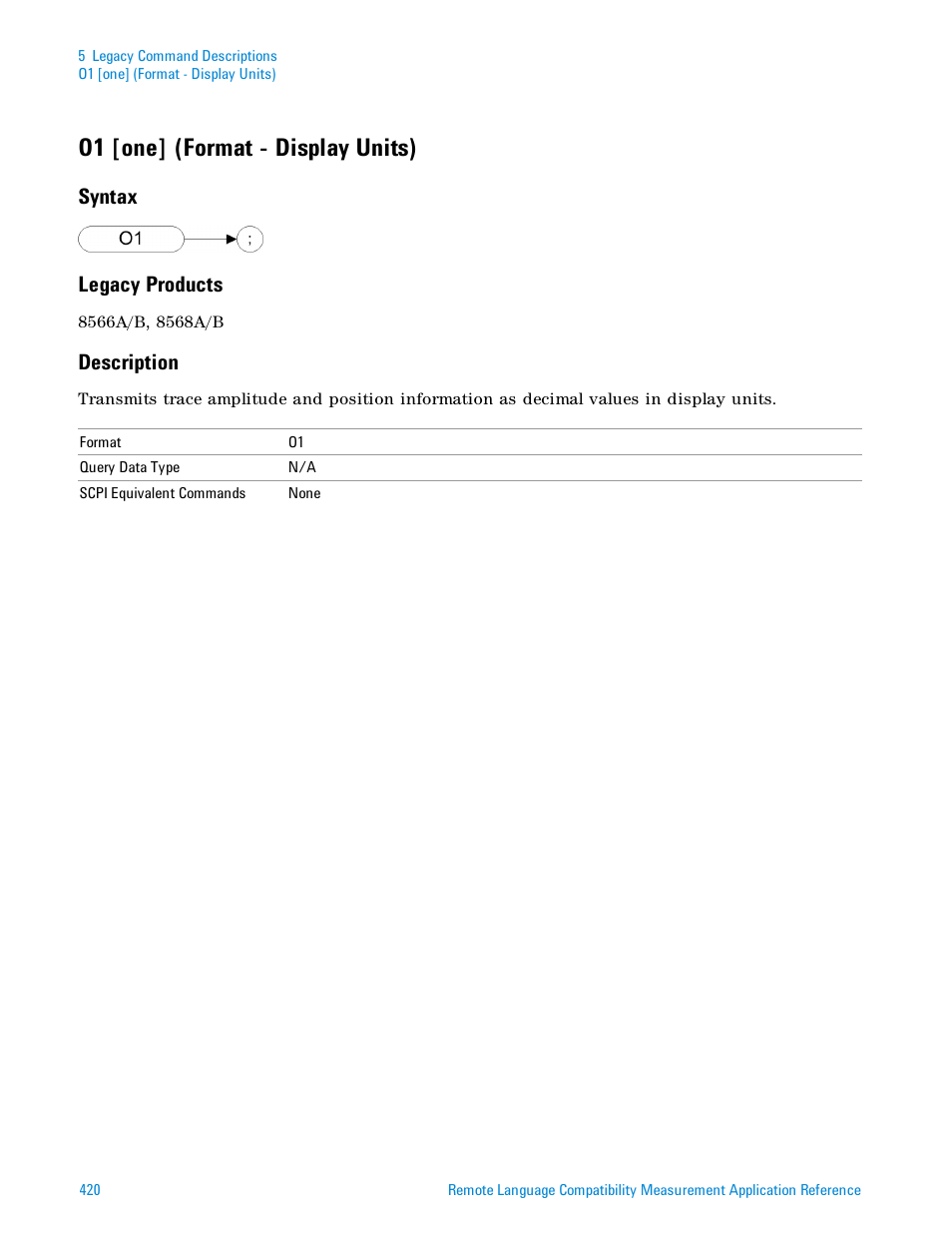 O1 [one] (format - display units), Syntax, Legacy products | Description, Syntax legacy products | Agilent Technologies Signal Analyzer N9030a User Manual | Page 420 / 1466