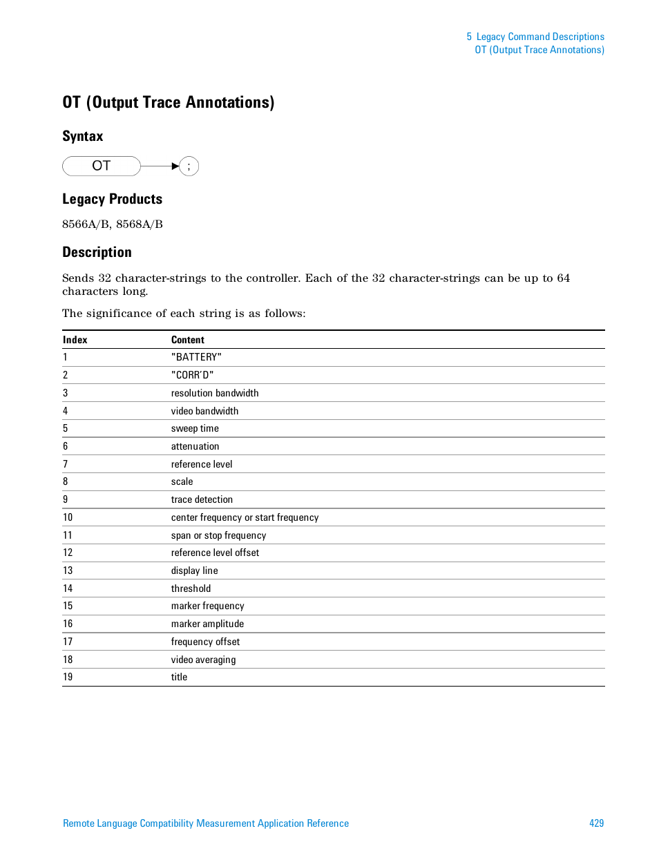Ot (output trace annotations), Syntax, Legacy products | Description, Syntax legacy products | Agilent Technologies Signal Analyzer N9030a User Manual | Page 429 / 1466