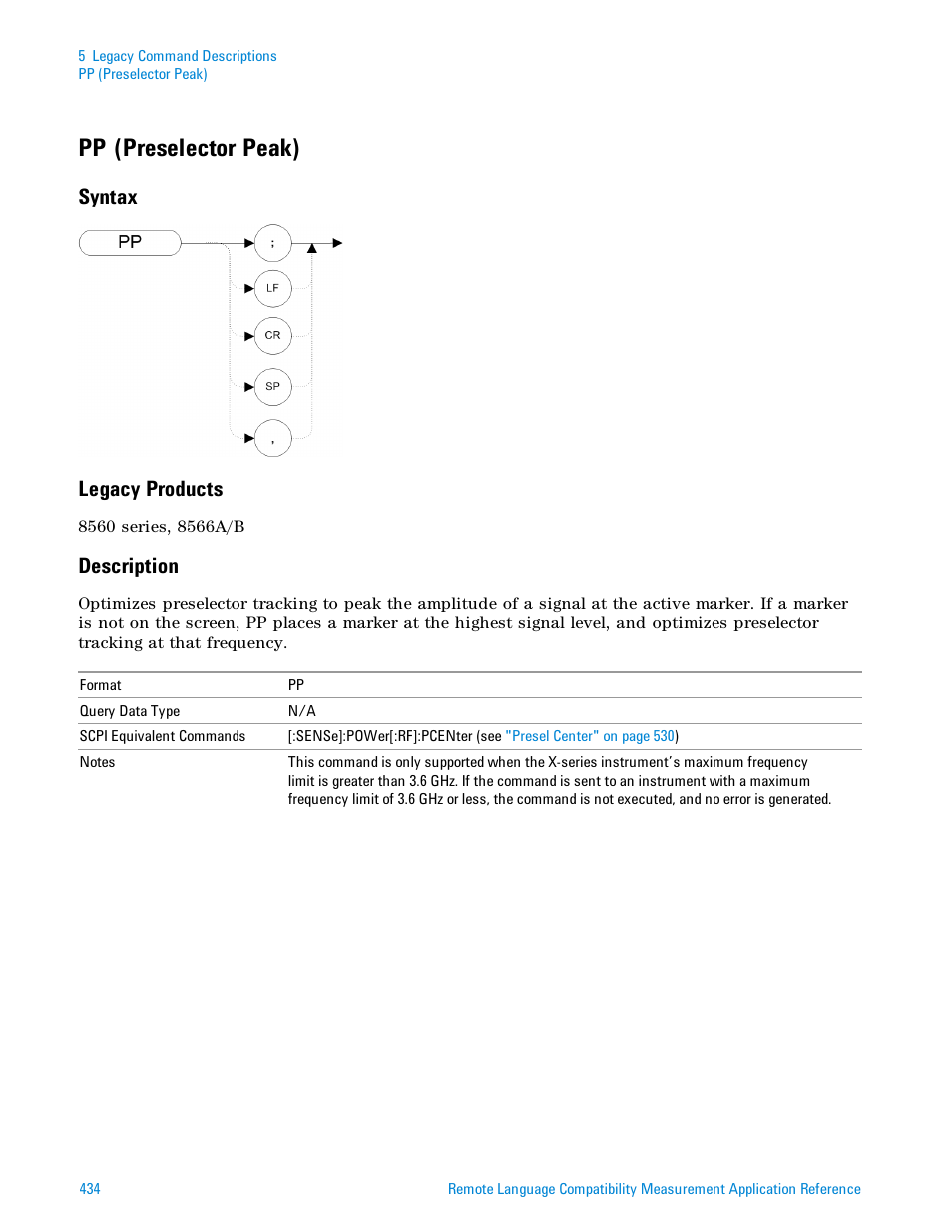 Pp (preselector peak), Syntax, Legacy products | Description, Syntax legacy products | Agilent Technologies Signal Analyzer N9030a User Manual | Page 434 / 1466