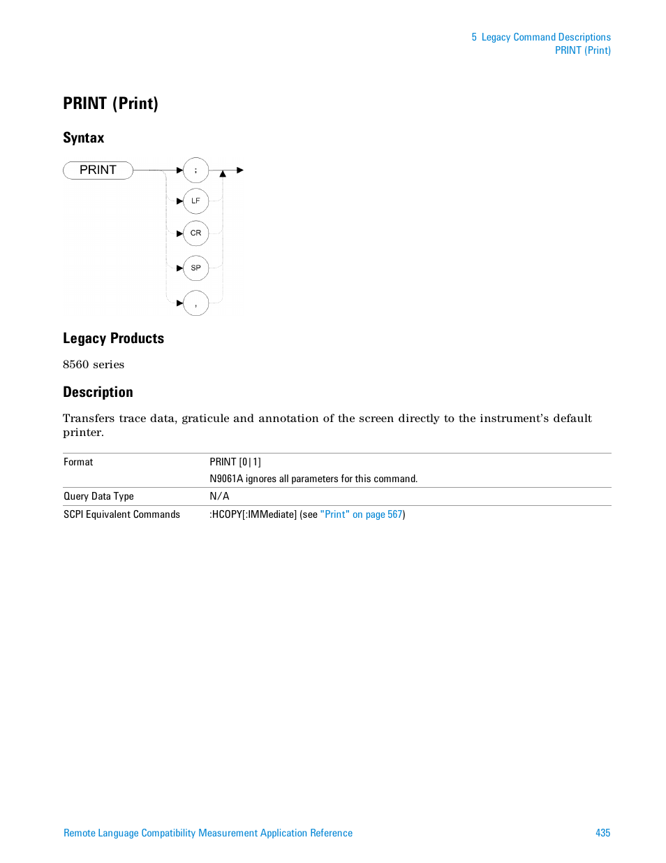 Print (print), Syntax, Legacy products | Description, Syntax legacy products | Agilent Technologies Signal Analyzer N9030a User Manual | Page 435 / 1466