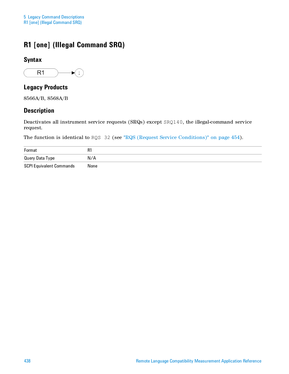 R1 [one] (illegal command srq), Syntax, Legacy products | Description, Syntax legacy products | Agilent Technologies Signal Analyzer N9030a User Manual | Page 438 / 1466