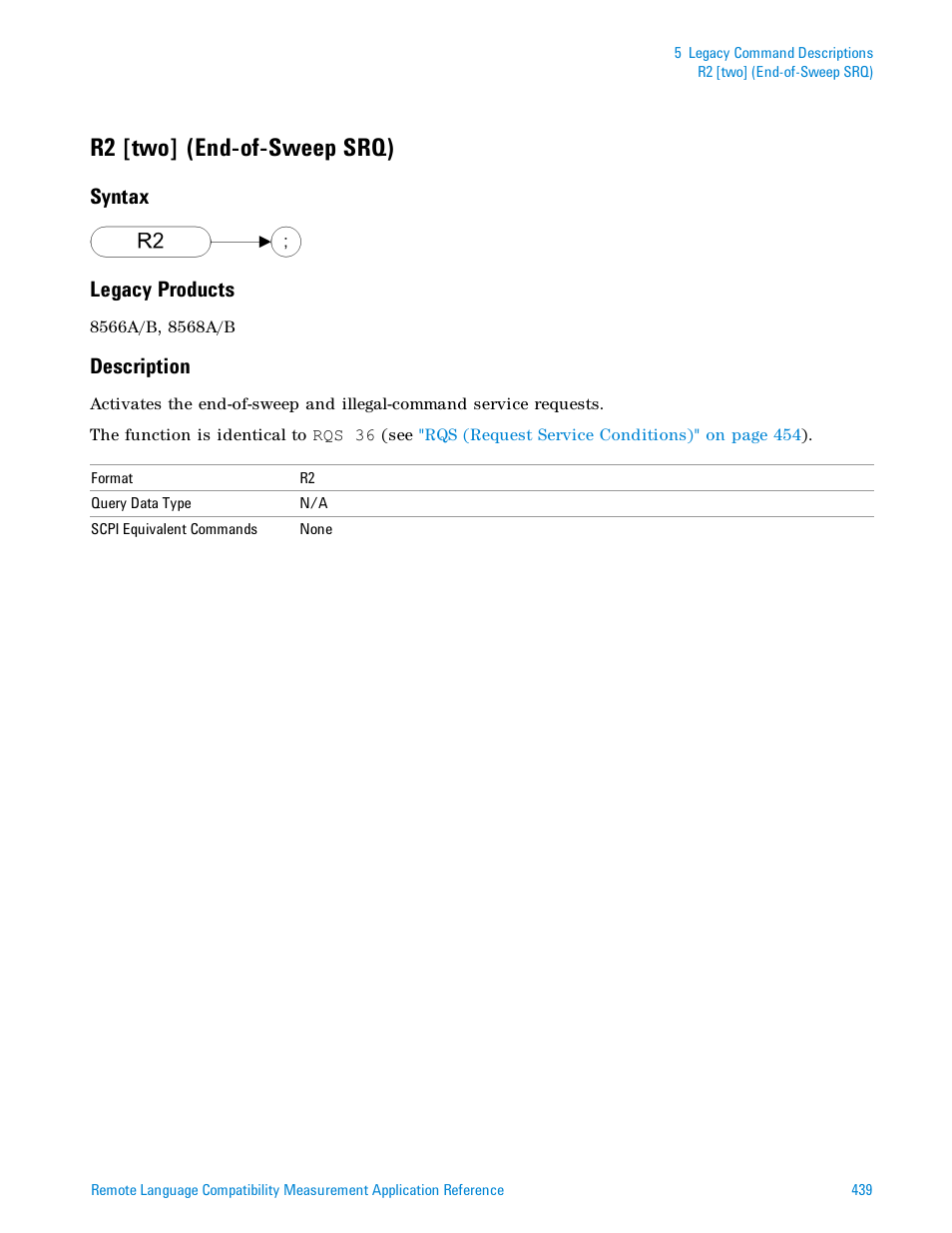 R2 [two] (end-of-sweep srq), Syntax, Legacy products | Description, Syntax legacy products | Agilent Technologies Signal Analyzer N9030a User Manual | Page 439 / 1466