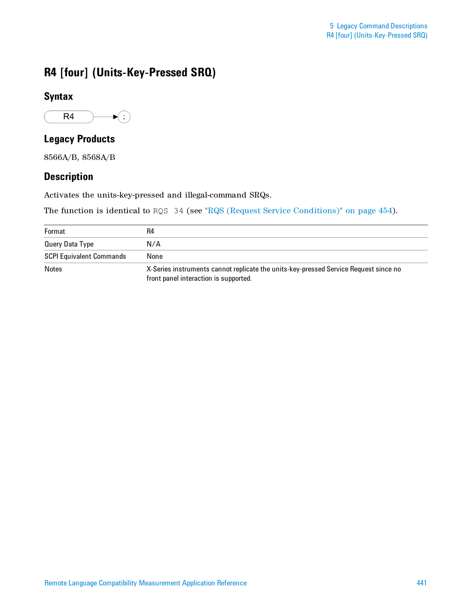 R4 [four] (units-key-pressed srq), Syntax, Legacy products | Description, Syntax legacy products | Agilent Technologies Signal Analyzer N9030a User Manual | Page 441 / 1466