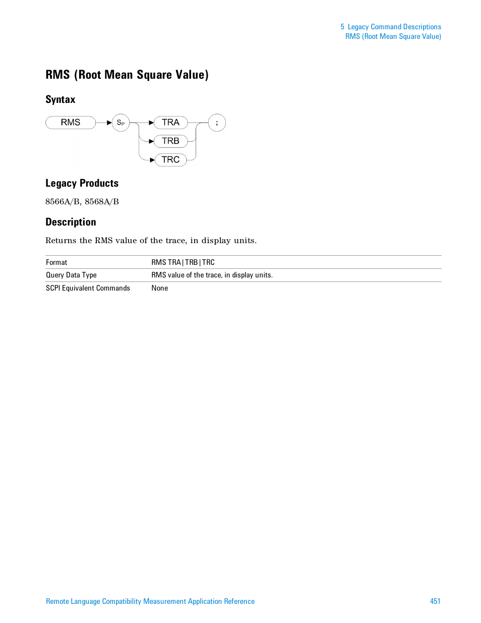 Rms (root mean square value), Syntax, Legacy products | Description, Syntax legacy products | Agilent Technologies Signal Analyzer N9030a User Manual | Page 451 / 1466