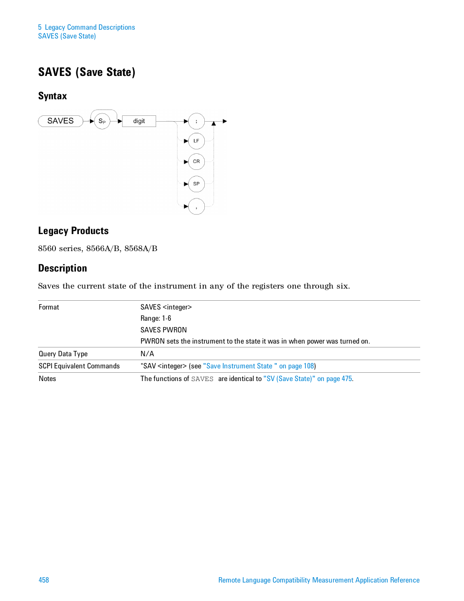 Saves (save state), Syntax, Legacy products | Description, Syntax legacy products | Agilent Technologies Signal Analyzer N9030a User Manual | Page 458 / 1466