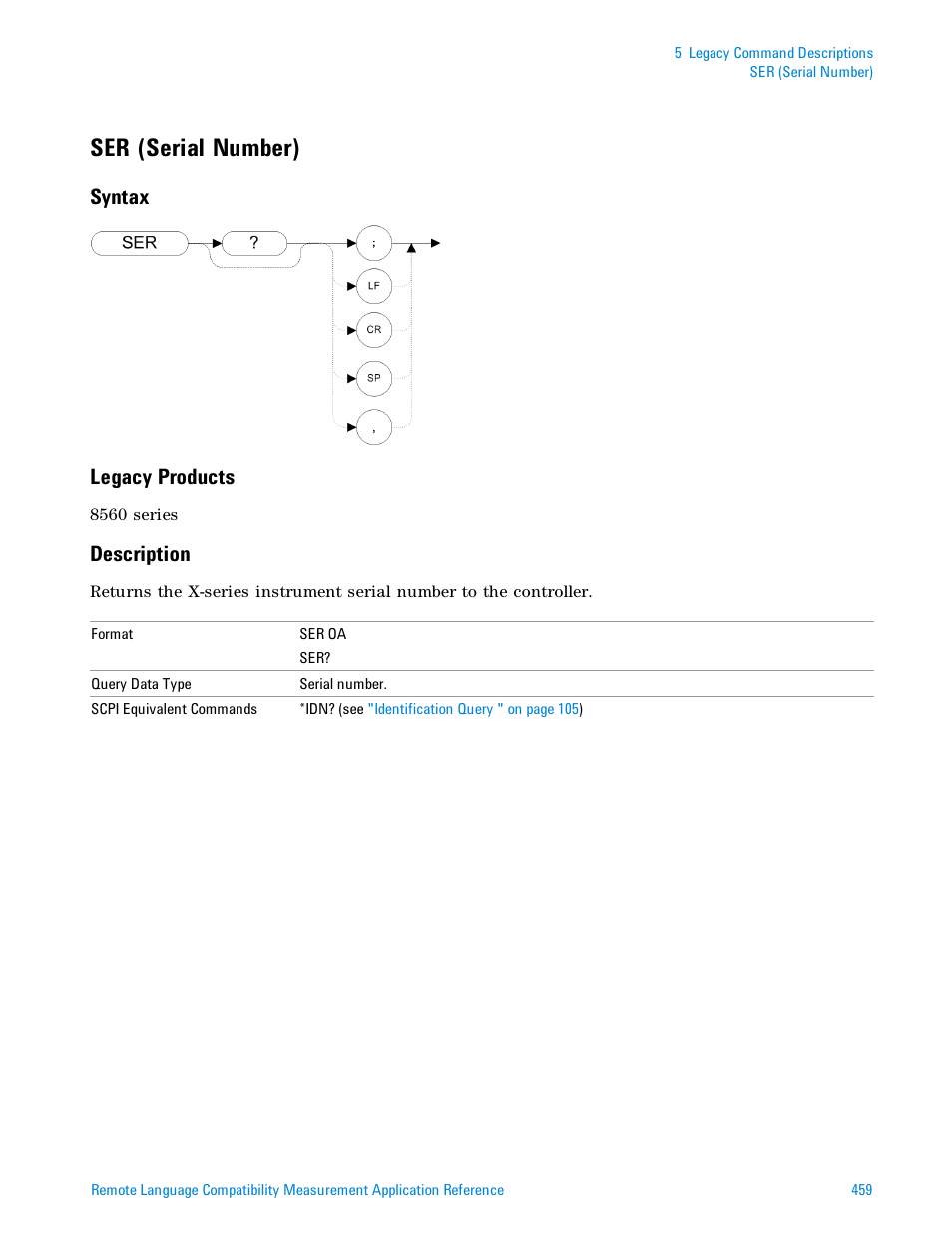 Ser (serial number), Syntax, Legacy products | Description, Syntax legacy products | Agilent Technologies Signal Analyzer N9030a User Manual | Page 459 / 1466