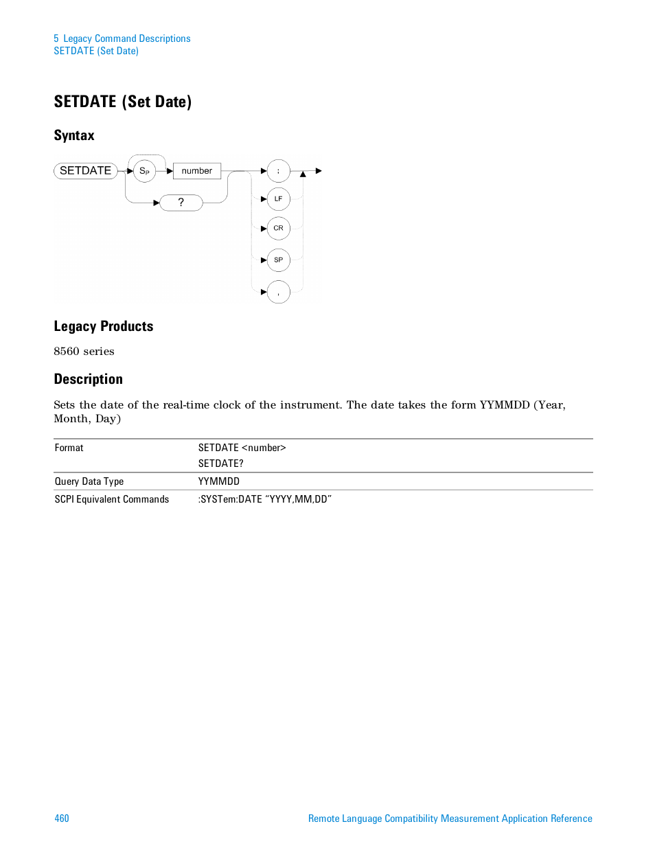 Setdate (set date), Syntax, Legacy products | Description, Syntax legacy products | Agilent Technologies Signal Analyzer N9030a User Manual | Page 460 / 1466