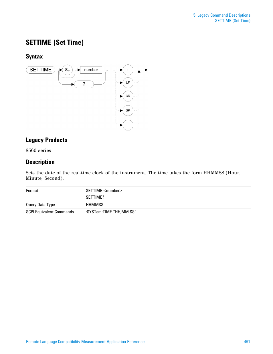 Settime (set time), Syntax, Legacy products | Description, Syntax legacy products | Agilent Technologies Signal Analyzer N9030a User Manual | Page 461 / 1466