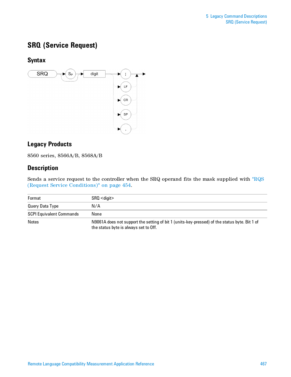 Srq (service request), Syntax, Legacy products | Description, Syntax legacy products | Agilent Technologies Signal Analyzer N9030a User Manual | Page 467 / 1466