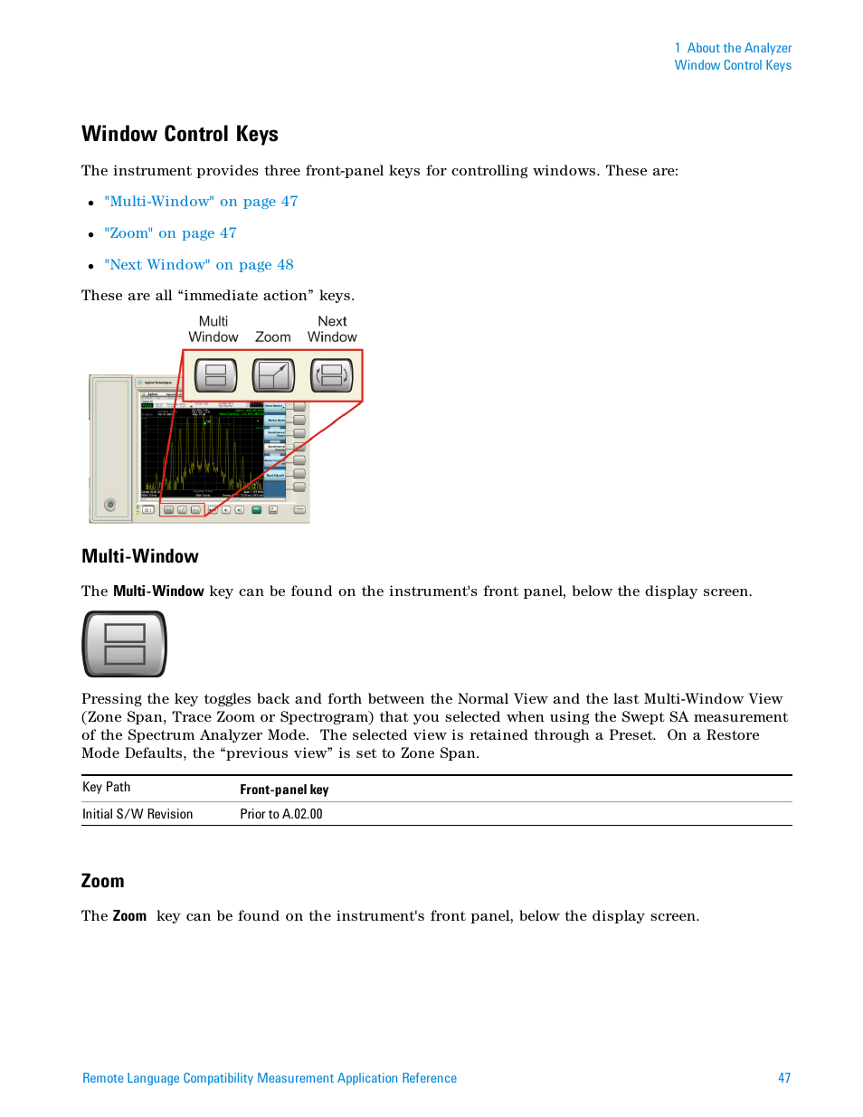 Window control keys, Multi-window, Zoom | Agilent Technologies Signal Analyzer N9030a User Manual | Page 47 / 1466