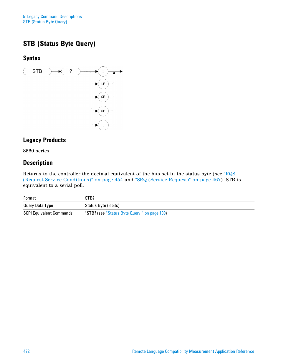 Stb (status byte query), Syntax, Legacy products | Description, Syntax legacy products | Agilent Technologies Signal Analyzer N9030a User Manual | Page 472 / 1466