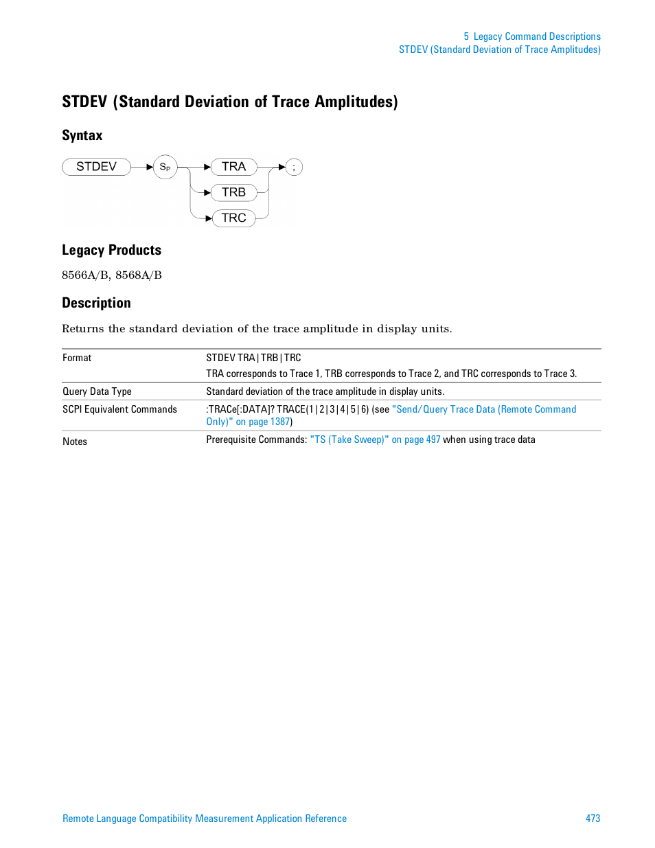 Stdev (standard deviation of trace amplitudes), Syntax, Legacy products | Description, Syntax legacy products | Agilent Technologies Signal Analyzer N9030a User Manual | Page 473 / 1466