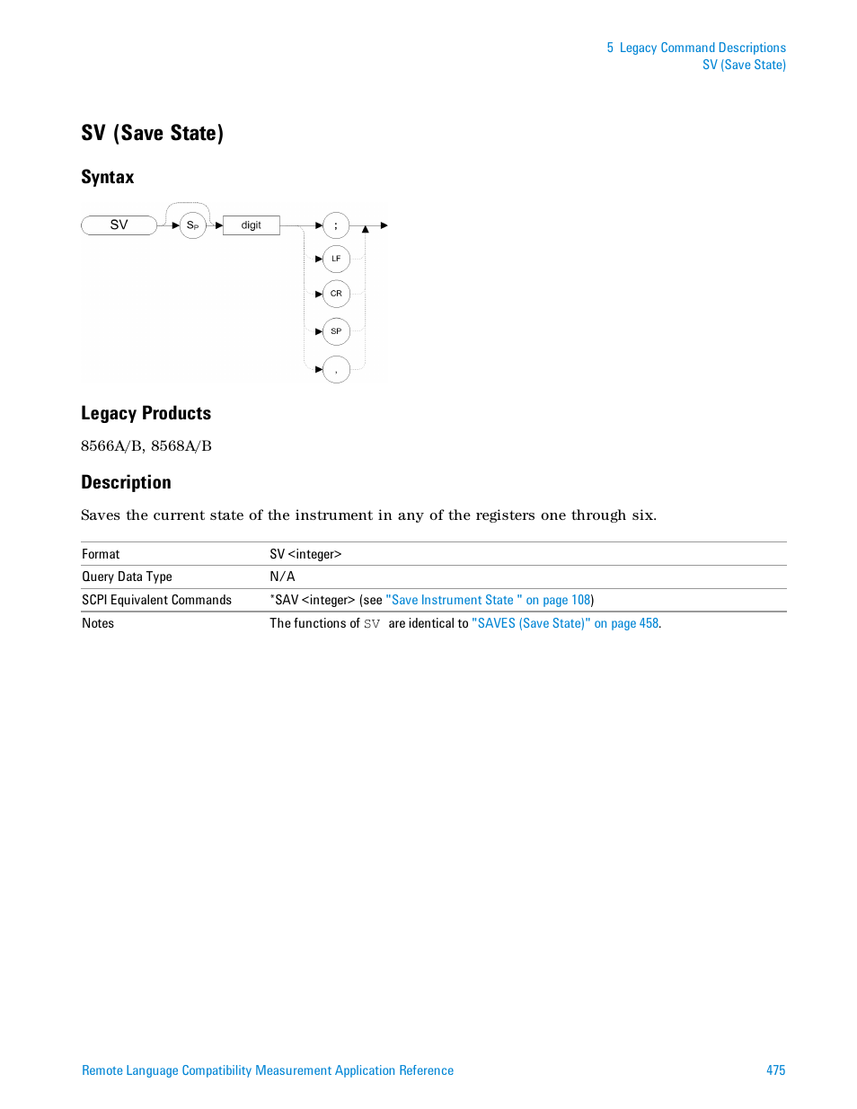 Sv (save state), Syntax, Legacy products | Description, Syntax legacy products | Agilent Technologies Signal Analyzer N9030a User Manual | Page 475 / 1466