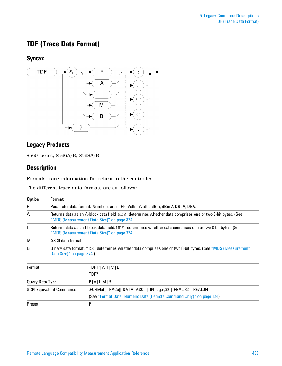 Tdf (trace data format), Syntax, Legacy products | Description, Tdf (trace, Tdf (trace data, Syntax legacy products | Agilent Technologies Signal Analyzer N9030a User Manual | Page 483 / 1466