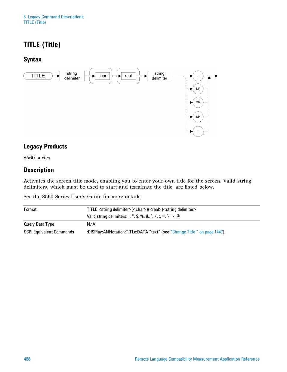 Title (title), Syntax, Legacy products | Description, Syntax legacy products | Agilent Technologies Signal Analyzer N9030a User Manual | Page 488 / 1466