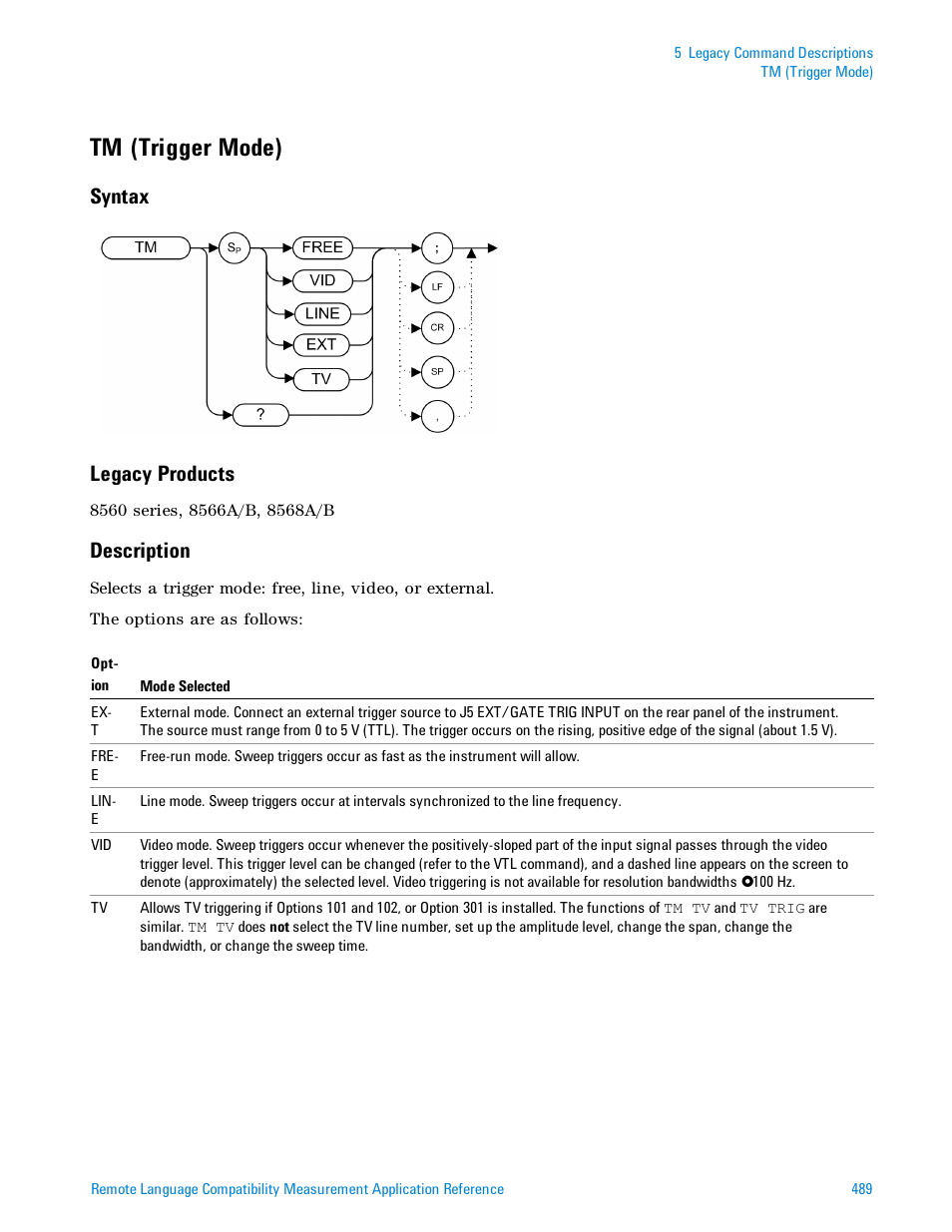 Tm (trigger mode), Syntax, Legacy products | Description, Syntax legacy products | Agilent Technologies Signal Analyzer N9030a User Manual | Page 489 / 1466