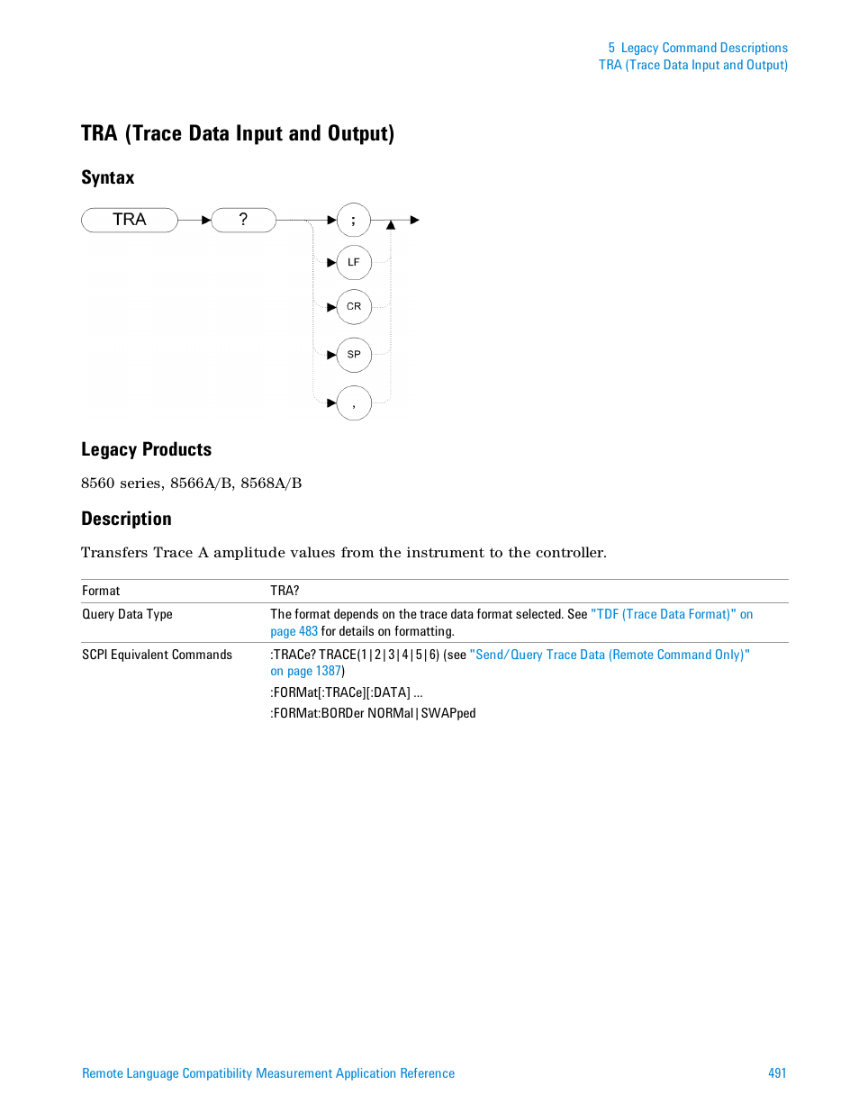 Tra (trace data input and output), Syntax, Legacy products | Description, Syntax legacy products | Agilent Technologies Signal Analyzer N9030a User Manual | Page 491 / 1466