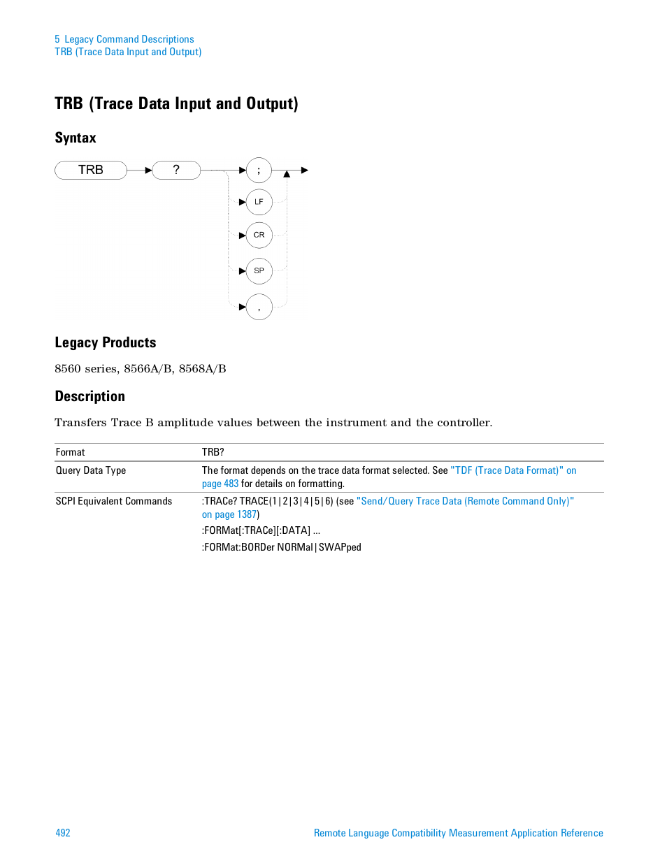 Trb (trace data input and output), Syntax, Legacy products | Description, Trb (trace data input and, Syntax legacy products | Agilent Technologies Signal Analyzer N9030a User Manual | Page 492 / 1466