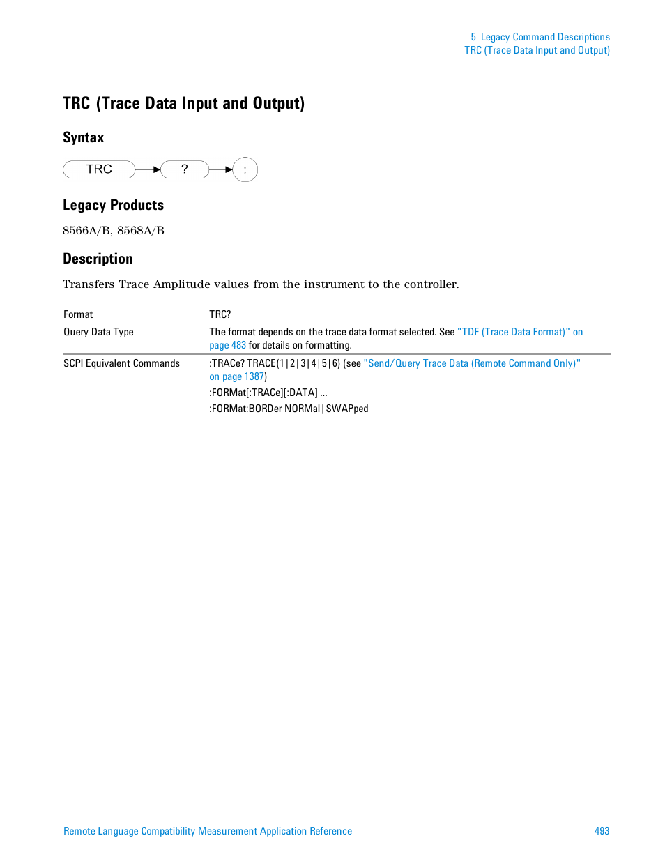 Trc (trace data input and output), Syntax, Legacy products | Description, Syntax legacy products | Agilent Technologies Signal Analyzer N9030a User Manual | Page 493 / 1466