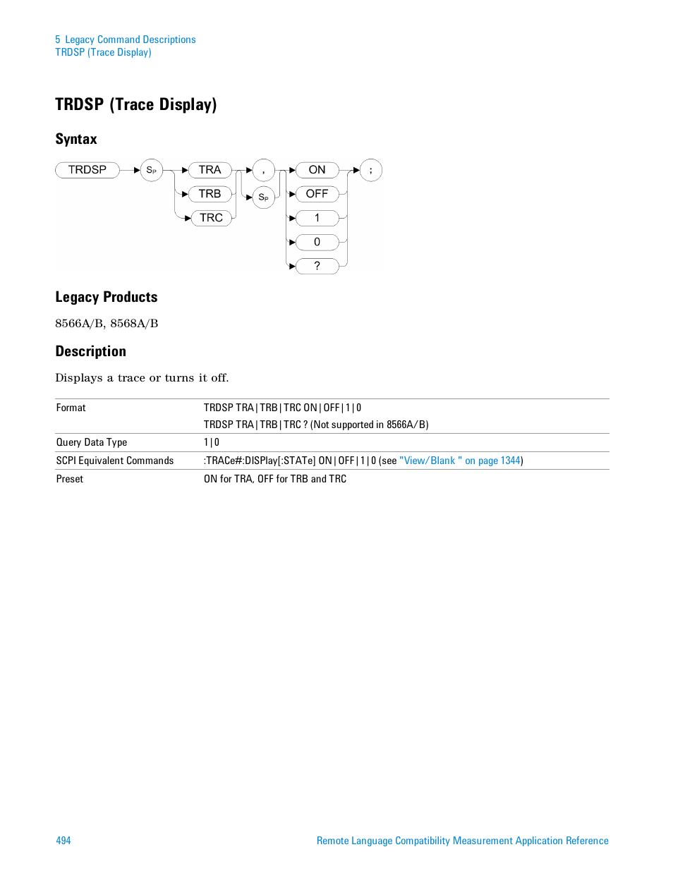 Trdsp (trace display), Syntax, Legacy products | Description, Syntax legacy products | Agilent Technologies Signal Analyzer N9030a User Manual | Page 494 / 1466