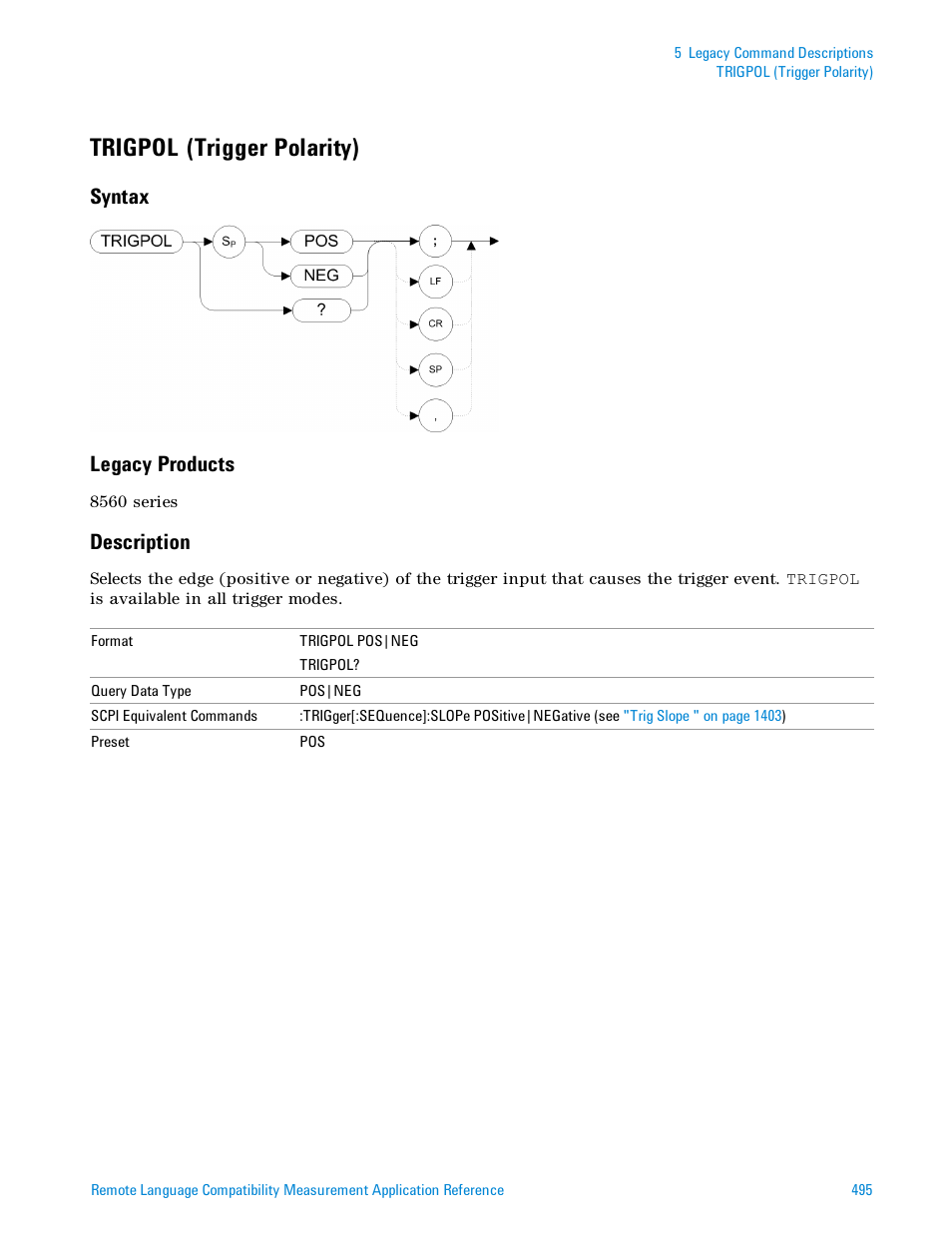 Trigpol (trigger polarity), Syntax, Legacy products | Description, Syntax legacy products | Agilent Technologies Signal Analyzer N9030a User Manual | Page 495 / 1466